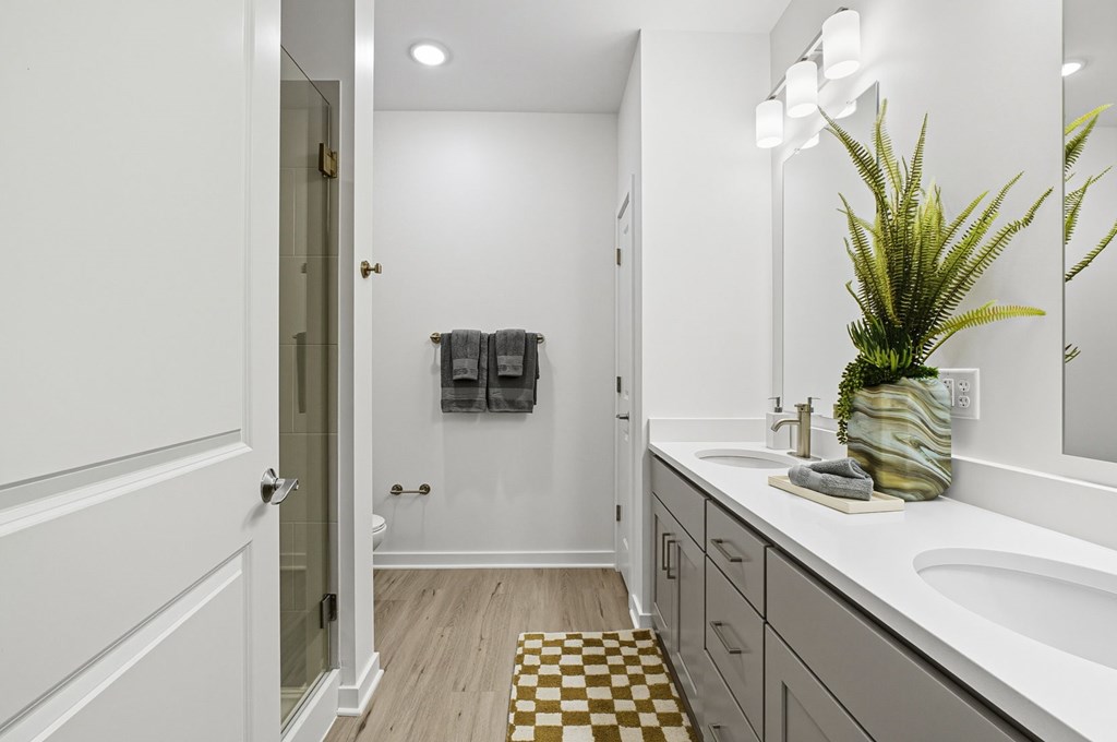 A bathroom with a white sink and a plant in a vase.