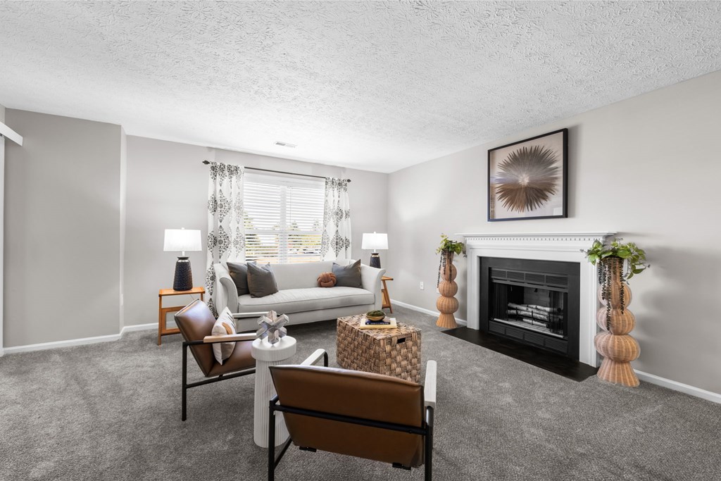 A living room with a fireplace and a couch.