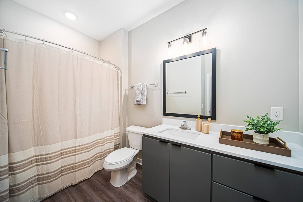 A bathroom with a toilet, sink, and shower.