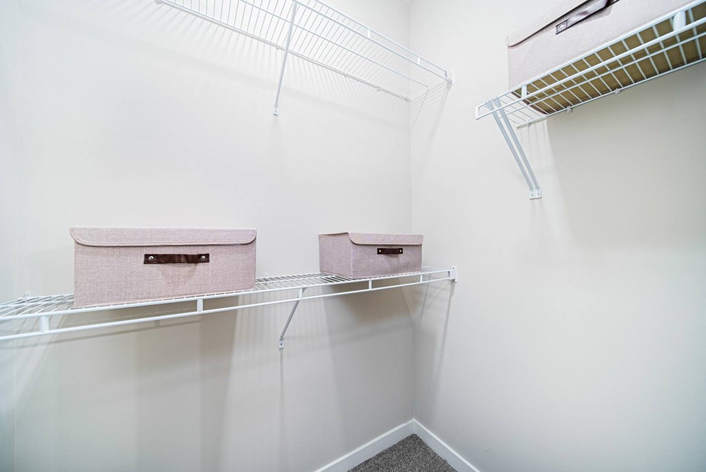 Two pink boxes are sitting on top of two shelves.