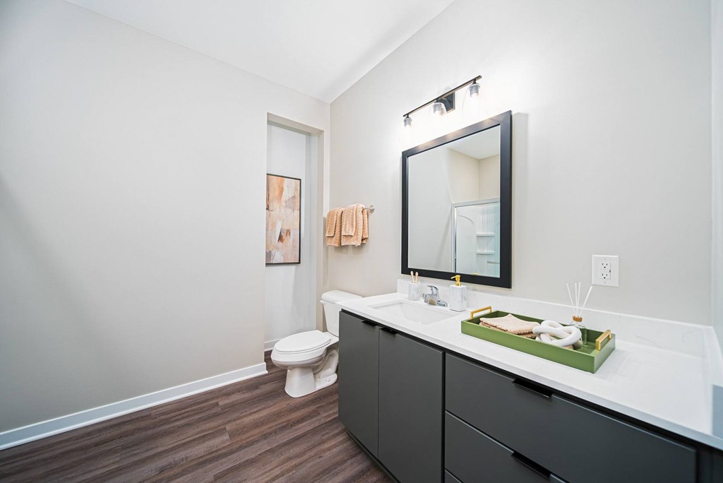 A bathroom with a toilet, sink, and mirror.