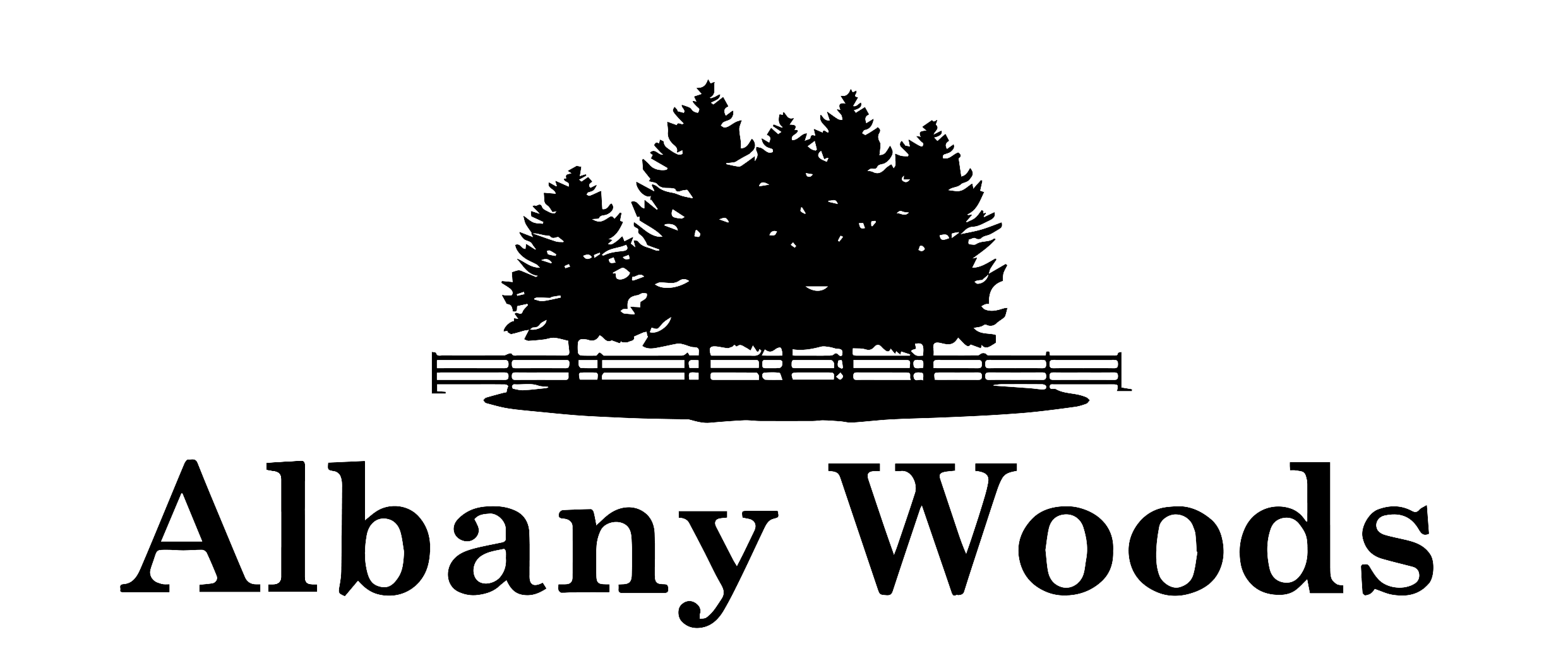 A logo with a forest and the words "Albany Woods" on a green background.