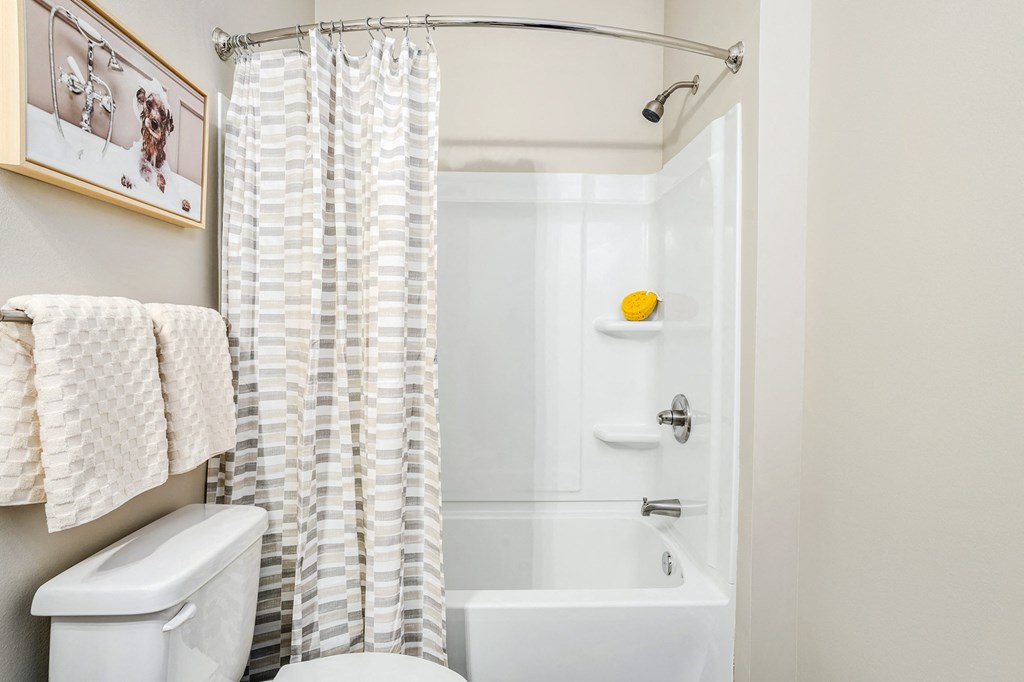 a bathroom with a shower curtain and a toilet and a sink