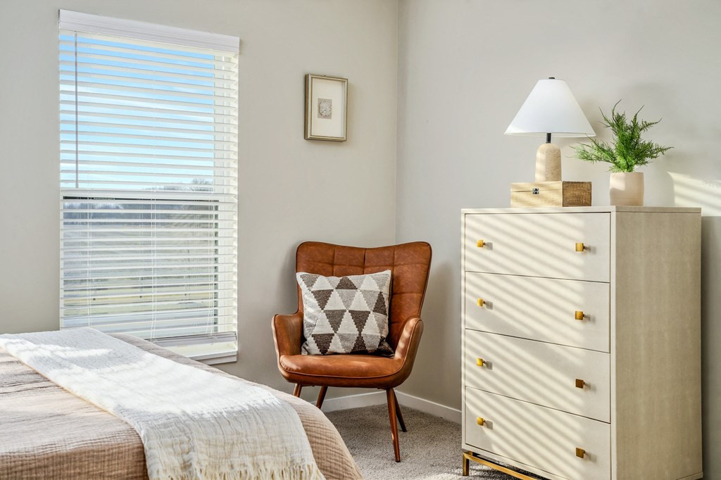 a bedroom with a bed and a chair and a dresser