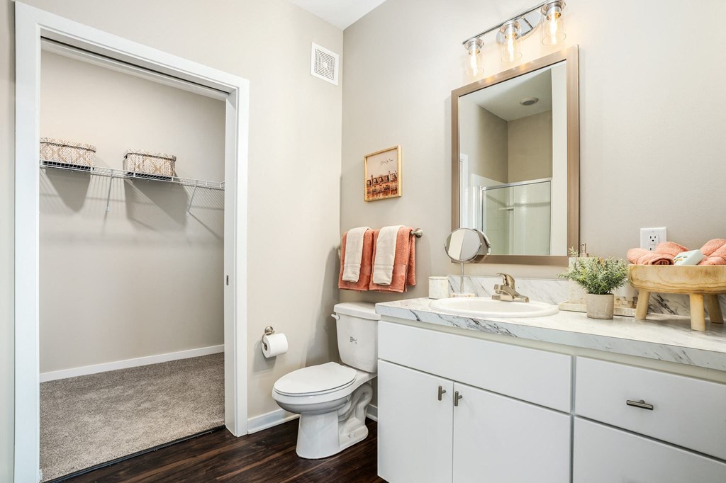 a bathroom with a toilet sink and shower and a mirror