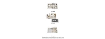 Three images of a house layout, one showing the first level, one the second level, and one the lower level.