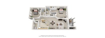 A 3D floor plan of a house with a living room, kitchen, dining room, and bedrooms.