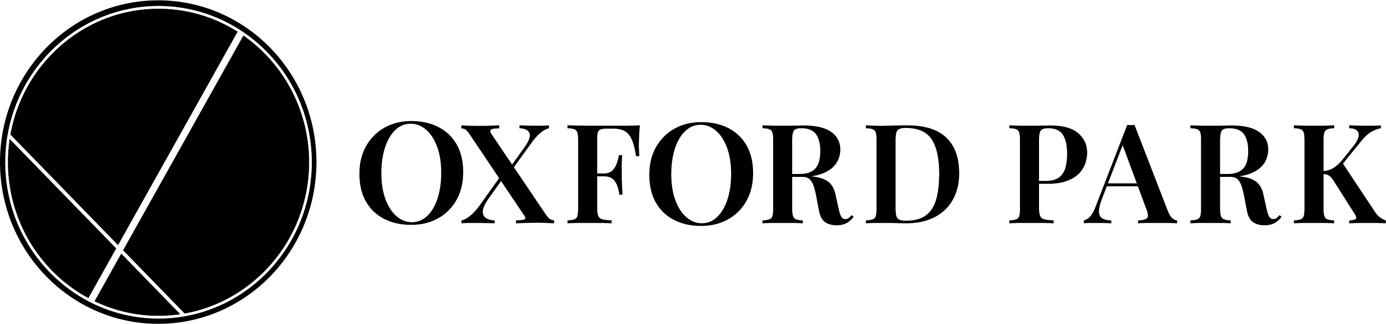The image shows a logo with a black circle and a white line crossing it, next to the text "OXFORD PARK".