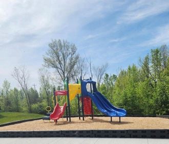 a playground with a blue sky and trees in the background