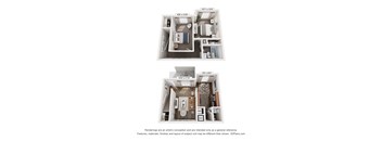 Two images of a small apartment layout, one with a kitchen and the other with a living room.