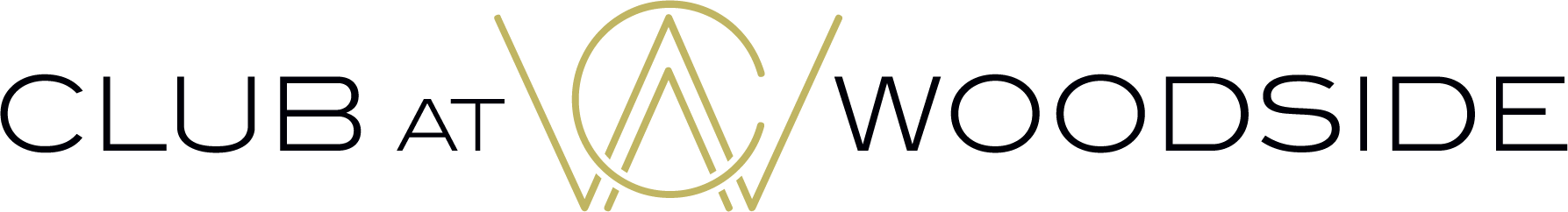 A logo with the text "CLUB AT WOODSIDE" in black with a stylized tree design in gold.