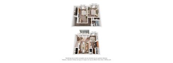 Two images of a house plan with a living room, kitchen, and bathroom.