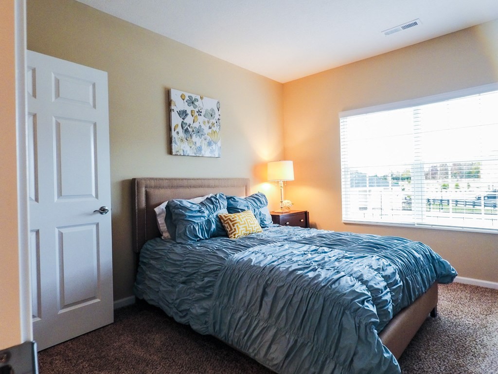 a bedroom with a bed and a window