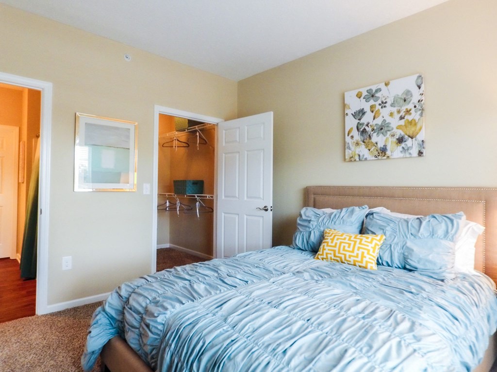 a bedroom with a bed and a closet with a door open