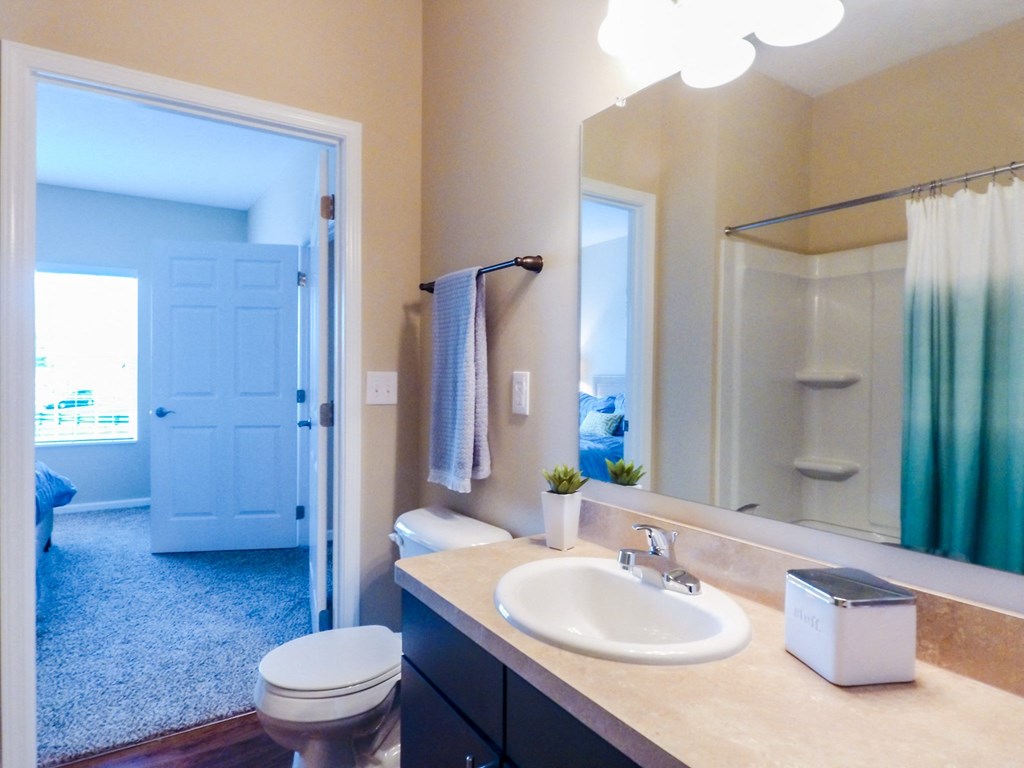 a bathroom with a white toilet next to a sink and a mirror