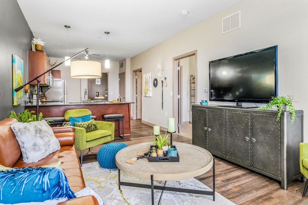 a living room with a couch and a television