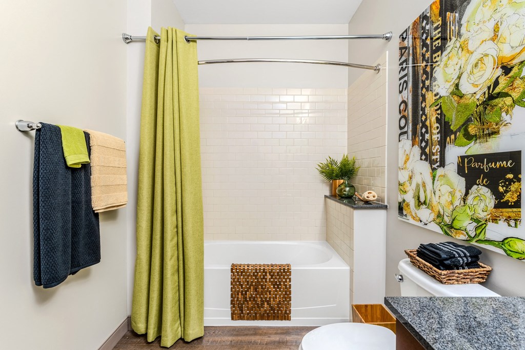 a bathroom with a shower curtain and a tub and a sink