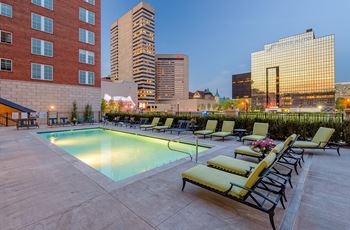 Pool area with the columbus city skyline in the background