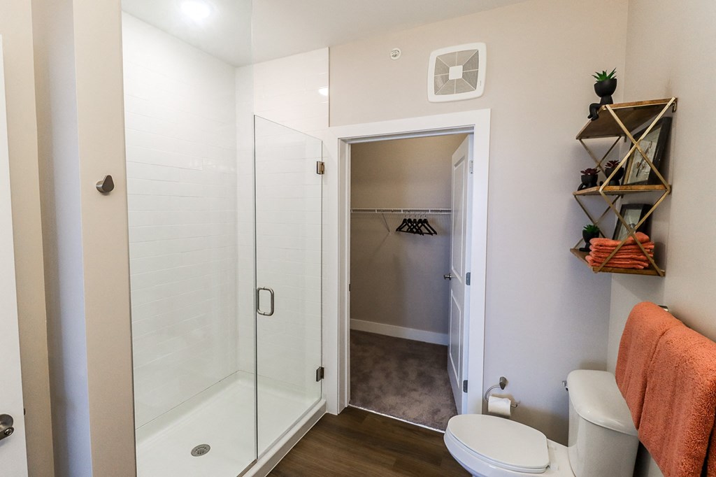 a bathroom with a shower and a toilet