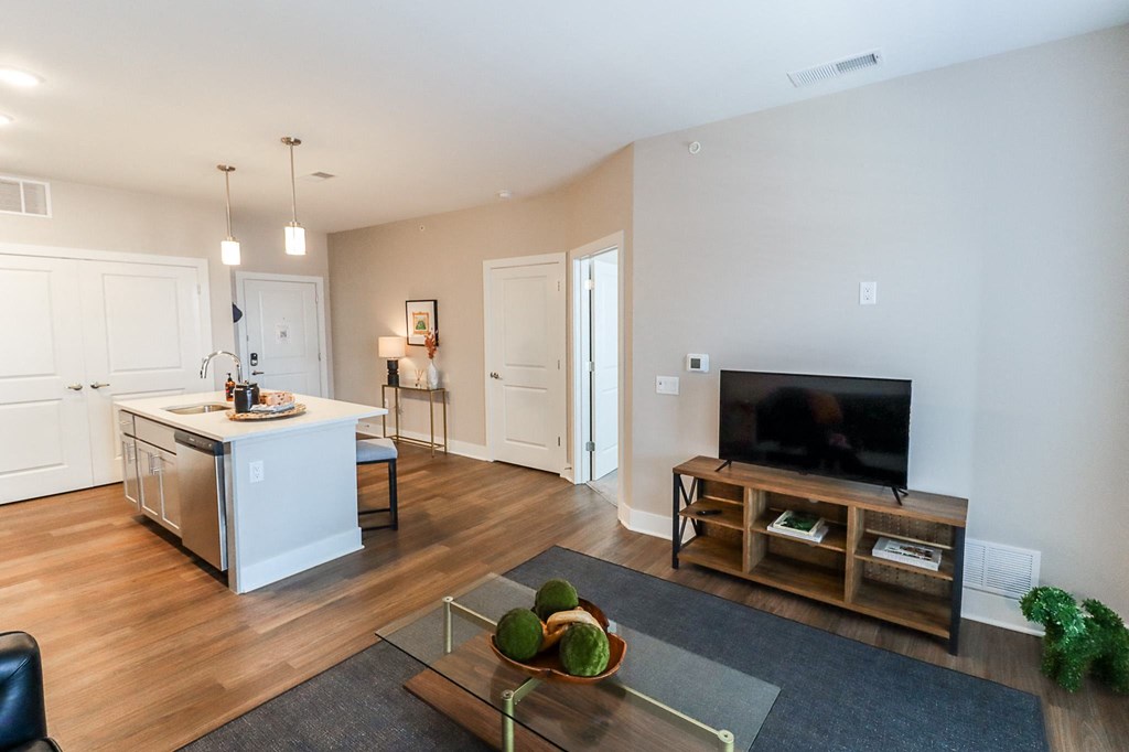 a living room with a tv and a kitchen in the background