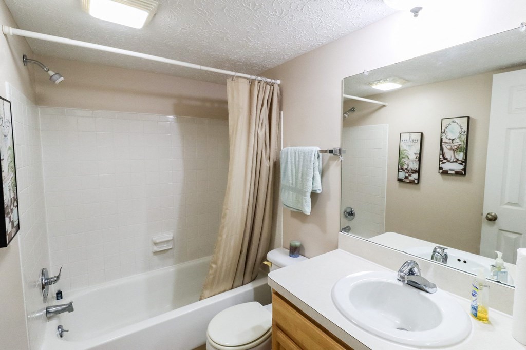 the preserve at ballantyne commons apartment bathroom with tub sink and mirror
