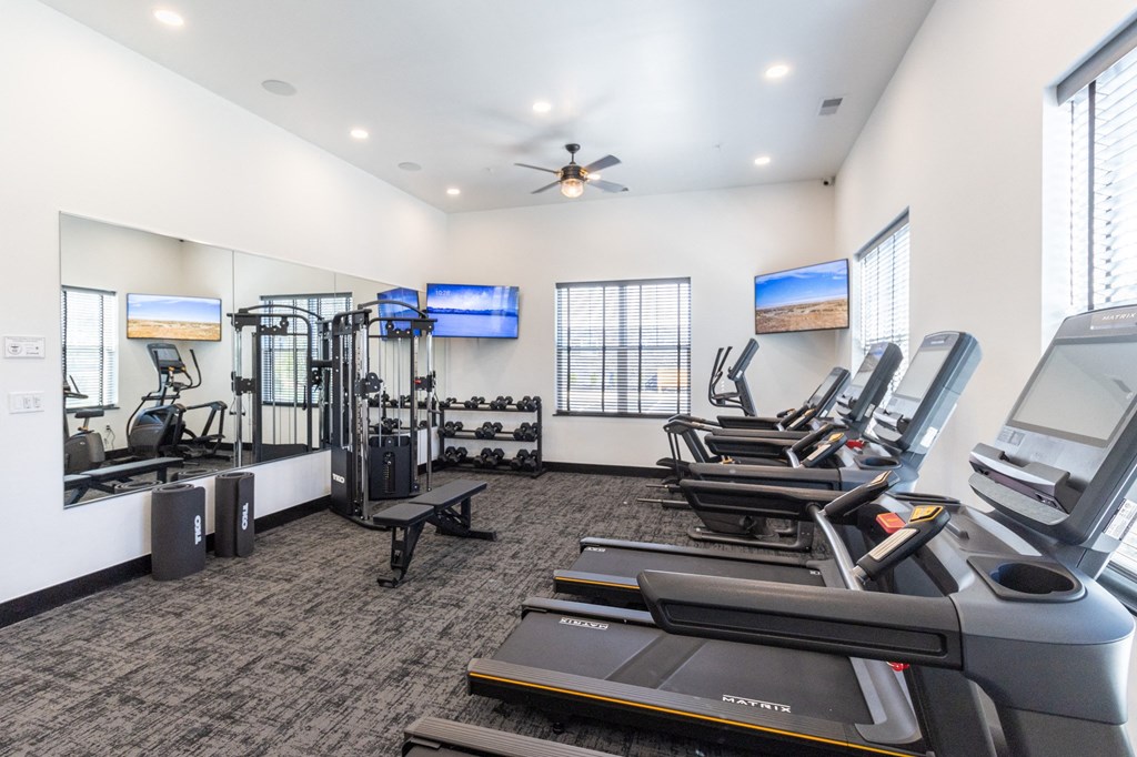 the gym with treadmills and cardio equipment at the belgard apartments