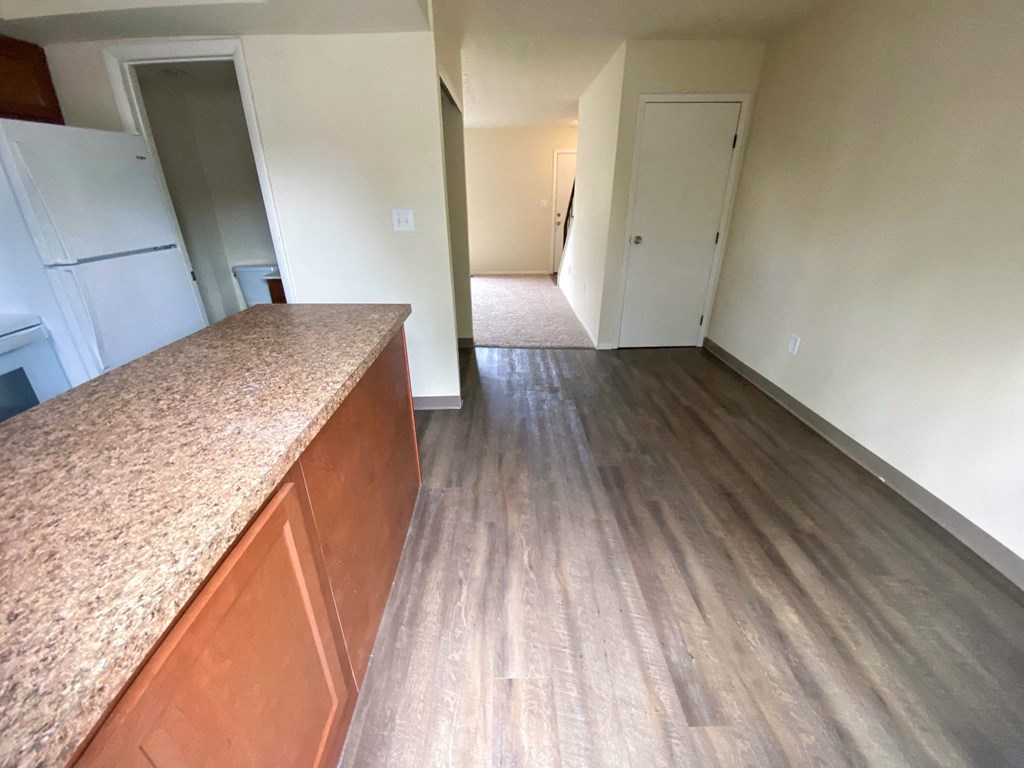 a view from the kitchen into the living room and the hallway