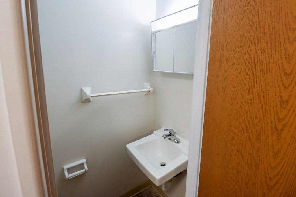 a small bathroom with a sink and a mirror