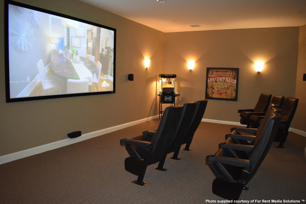 a screening room with chairs and a projection screen