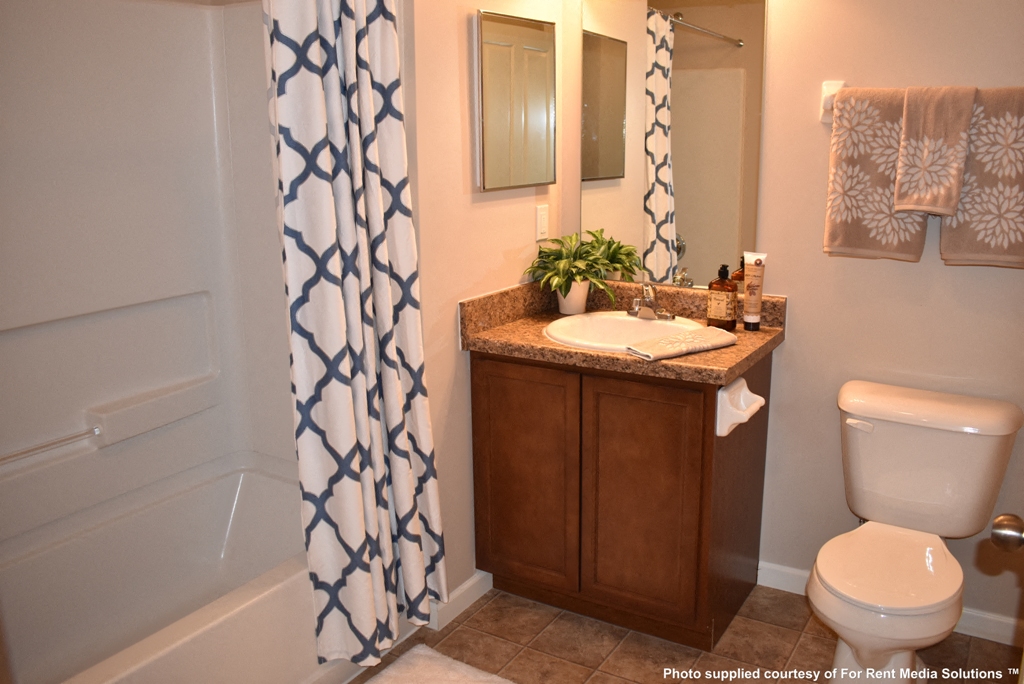 a bathroom with a toilet sink and tub and a shower curtain