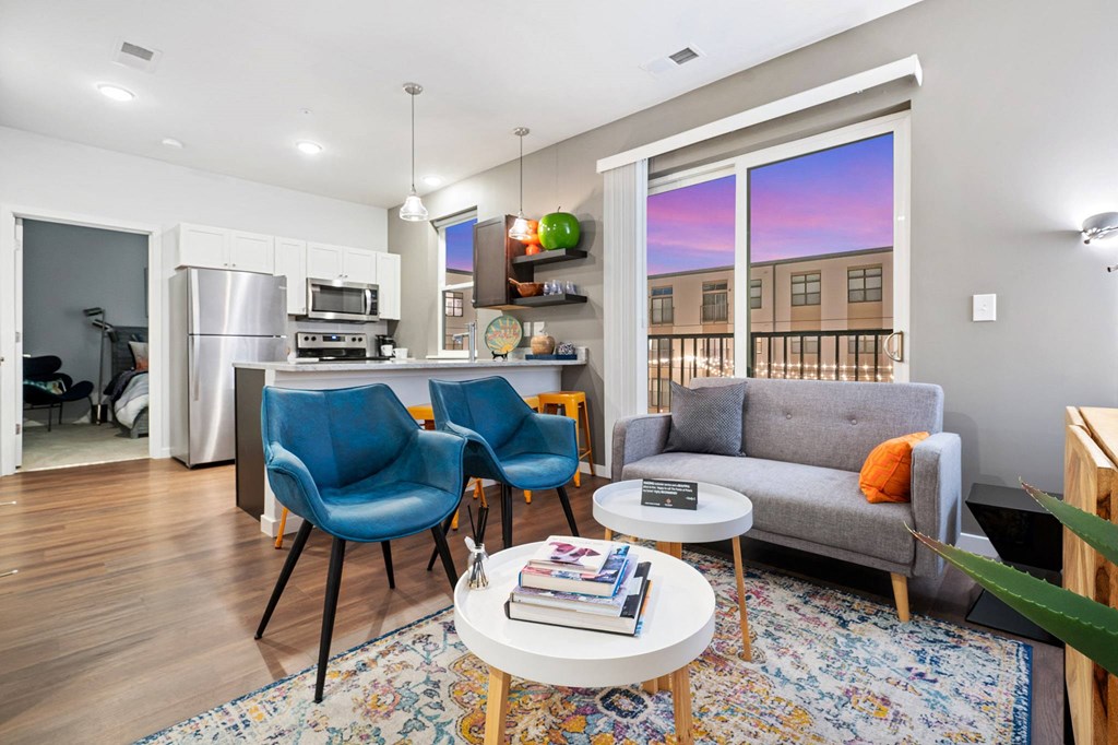 a living room with a couch and a table
