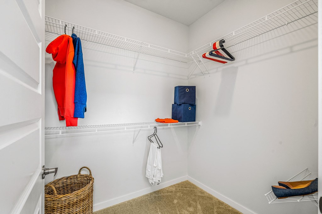 a walk in closet with shelves and hooks and a red and white shirt and tie