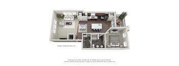 A 3D floor plan of a house with a living room, dining room, kitchen, and garage.