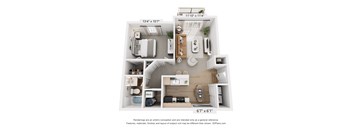A 3D floor plan of a small apartment with a kitchen, living room, and bathroom.
