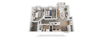 A 3D floor plan of a small apartment with a kitchen, living room, and bathroom.