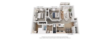 A floor plan of a small apartment with a kitchen, living room, and bathroom.