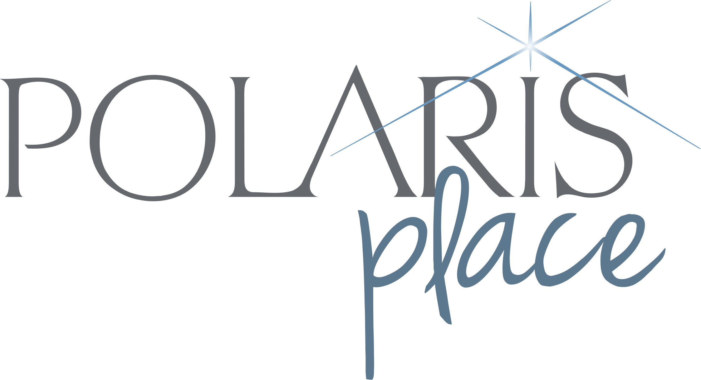 A logo with the words "Polaris Place" in cursive font with a star above the letter 