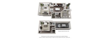 A 3D floor plan of a house with two bedrooms, a living room, a kitchen, and a garage.