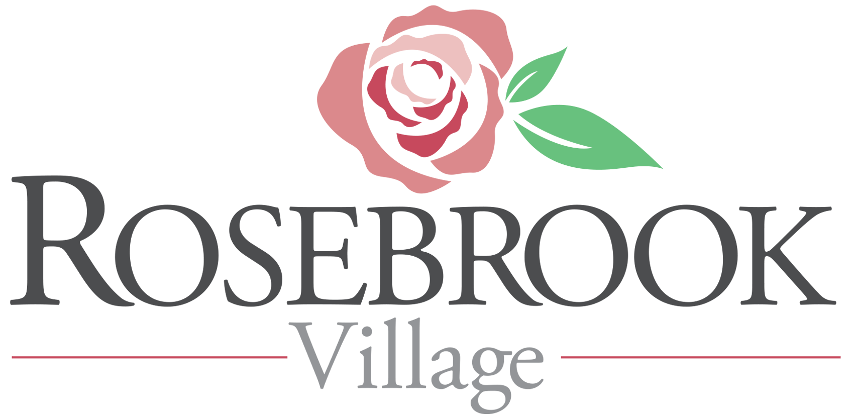 A logo with a rose and the words "Rosebrook Village" in a serif font.