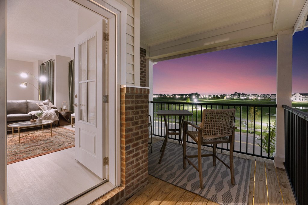 A balcony at The Strand Townhomes overlooking the pond at Beulah Park in Grove City Ohio near Columbus