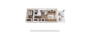 A white room with a bed, a couch, a table, and a plant.