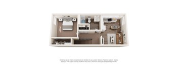 A top-down view of a room with a bed, couch, and kitchen area.