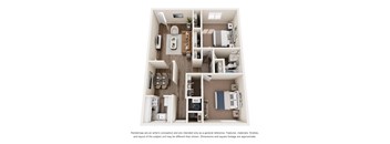A top-down view of a small apartment with a kitchen, living room, and bathroom.