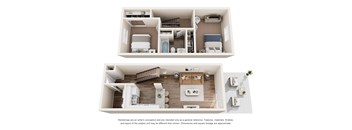 Two images of a small apartment with a kitchen, living room, and bathroom.