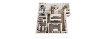 A 3D floor plan of a house with labeled rooms.