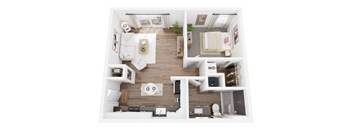 A top-down view of a small apartment with a living room, kitchen, and bathroom.