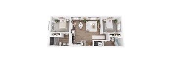 A top-down view of a small apartment with a kitchen, living room, and bathroom.