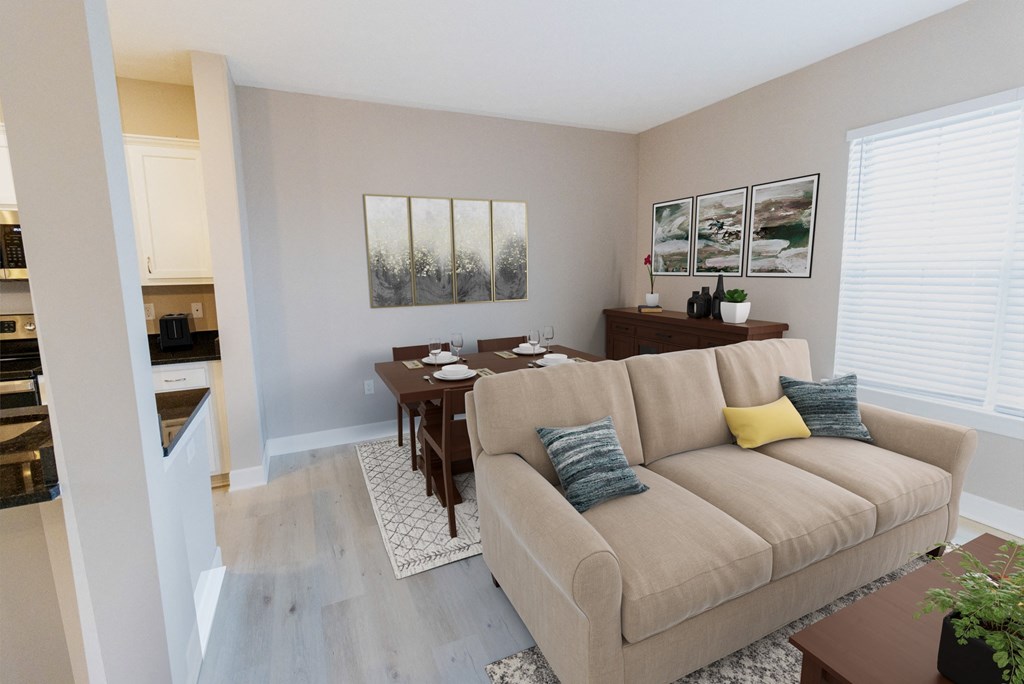 a living room with a couch and a table