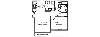 A black and white image of a floor plan for a house with a dining room, living room, bedroom, and patio/balcony.