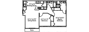A floor plan of a house with a dining room, living room, two bedrooms, and a patio.